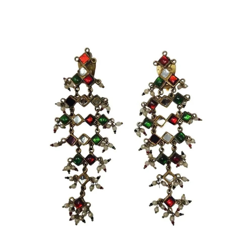 Vintage Mogul Multicolored Cabochon Faux Pearl Seed Bead Clip-On Earrings | Hand